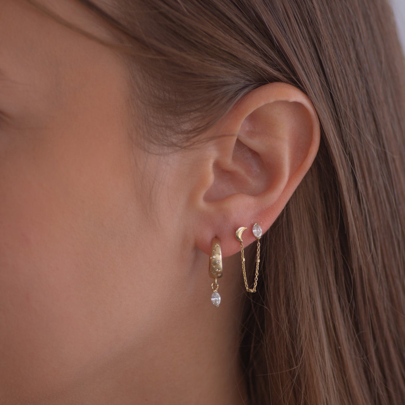 Selene Moon & Marquise Diamond earring 14k gold
