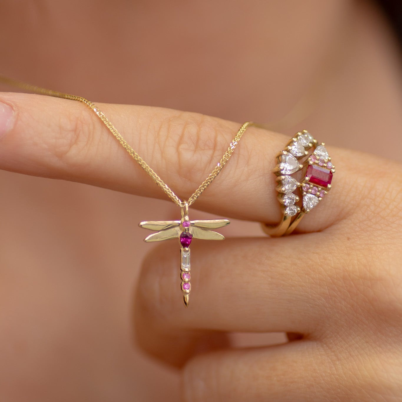 Dragonfly Ruby Necklace 14k gold